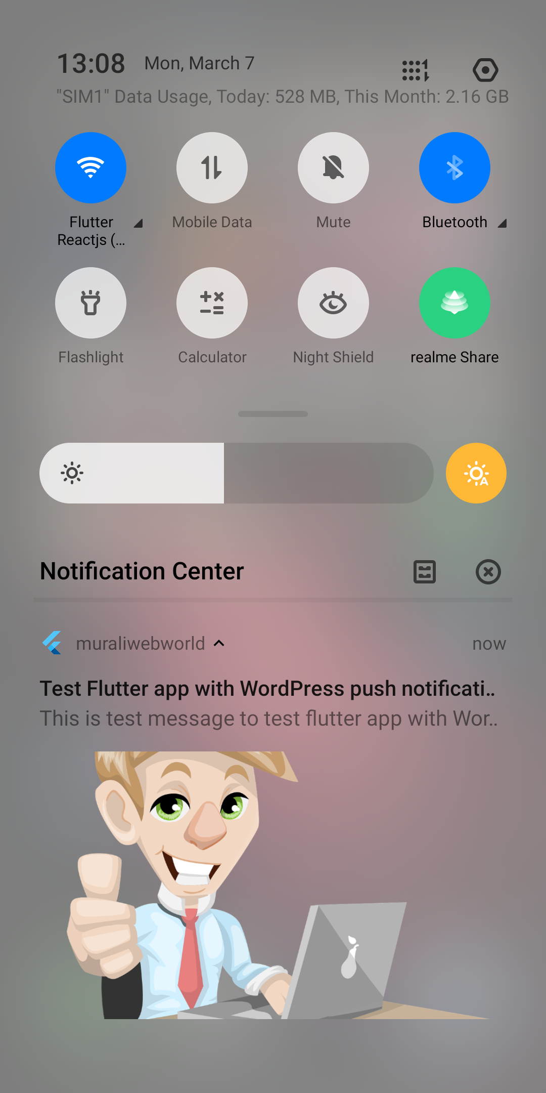 Native mobile Fluttter app showing WordPress push notification